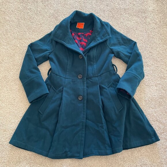 Modcloth Teal Overcoat With Vibrant Pink & Purple Cat Print Lining Size M - Picture 12 of 12